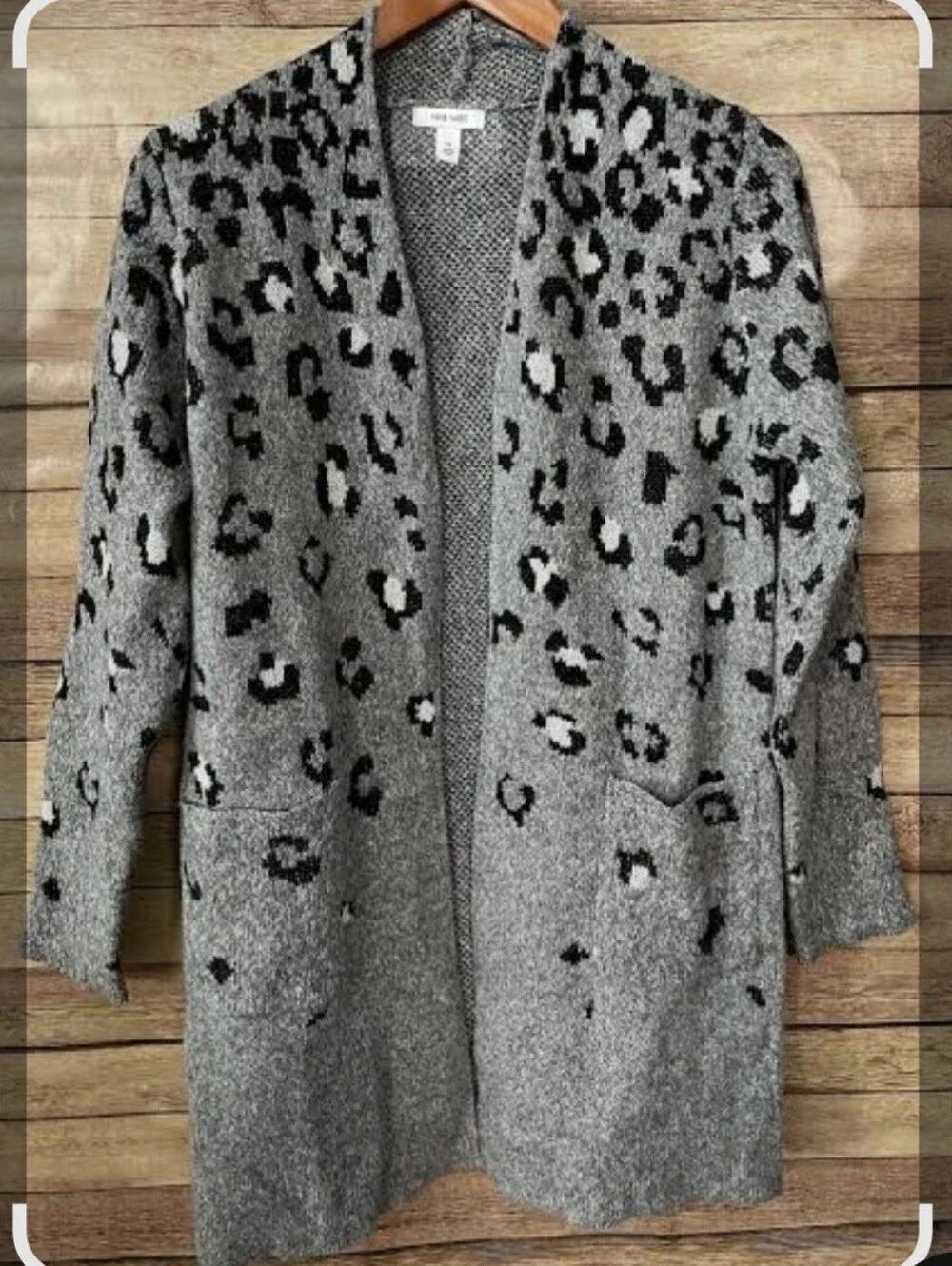 Women's Nine West Open-Front Gray Leopard Print Long Cardigan Sweater